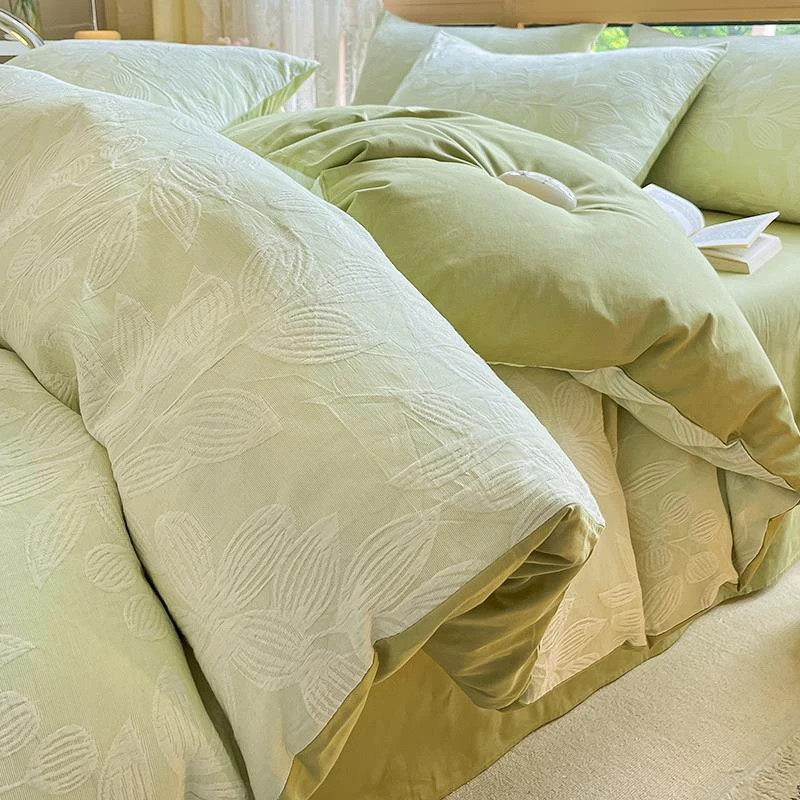A类双层纱四件套全棉纯棉2024新款轻奢绿色被套罩床单床笠三件套4