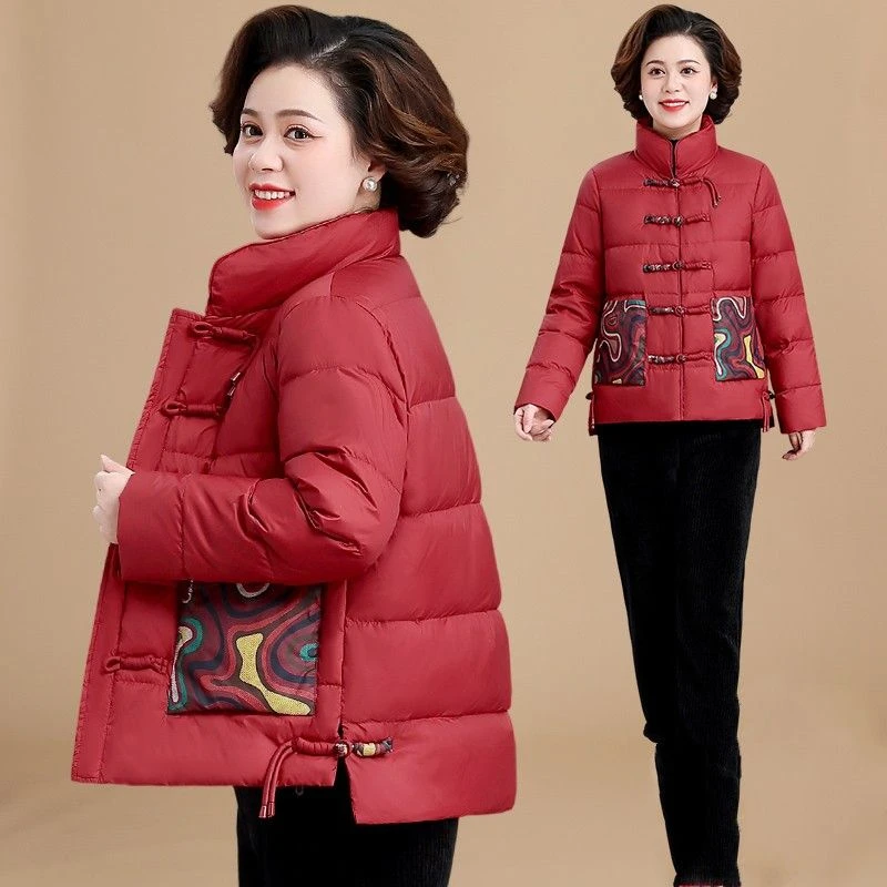 妈妈款棉服喜婆婆冬季婚宴喜庆红色中老年唐装棉袄女秋冬加厚外套