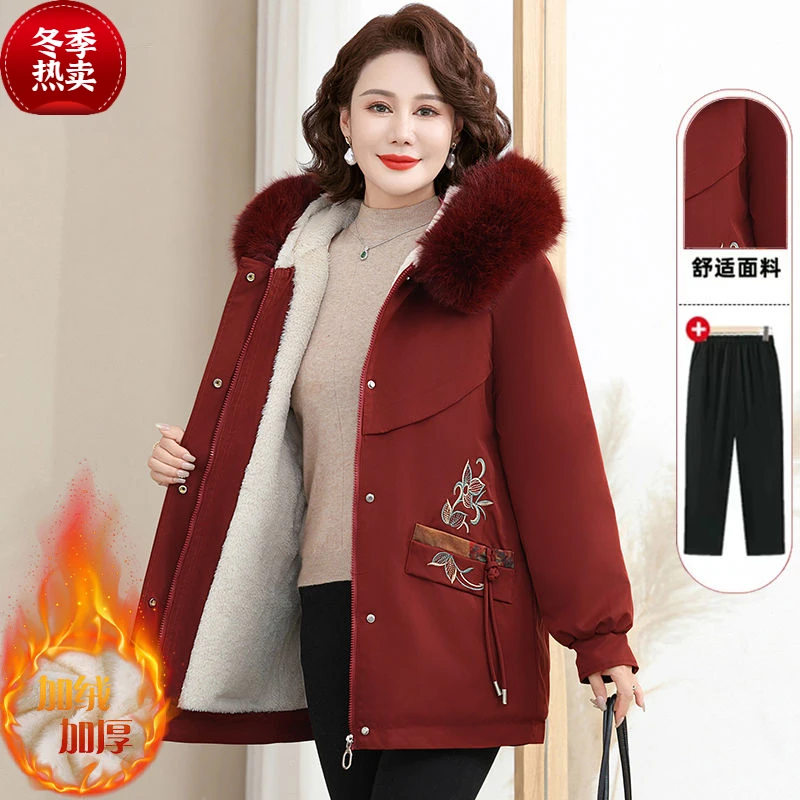 新中式国风本命年红色中年派克服连帽大毛领妈妈冬装加绒加厚棉衣
