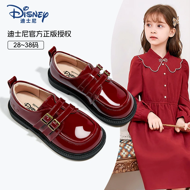 迪士尼早春女童小皮鞋黑色软底英伦风儿童鞋安可拉红色女孩皮鞋