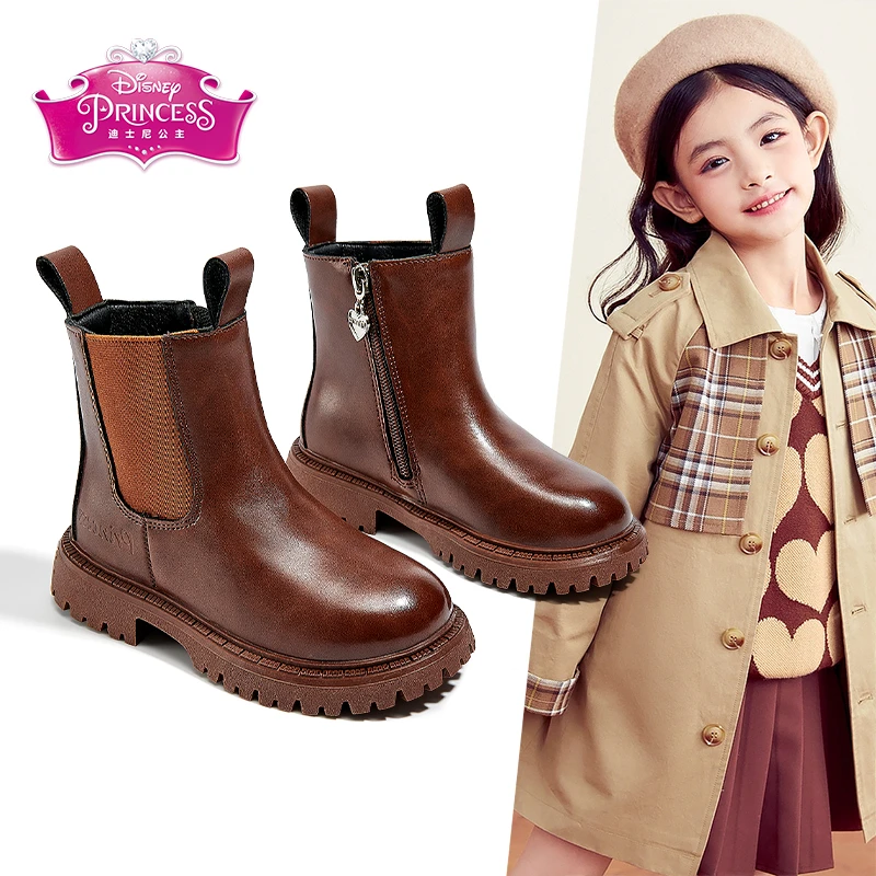 迪士尼英伦皮靴英伦风秋季时尚女童百搭中筒靴子厚底雅丹风马丁靴