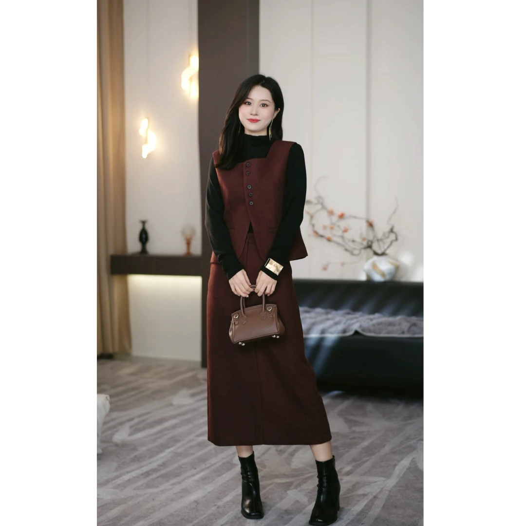 【大榆定制】初秋新款时尚安可拉红气质时尚显瘦裙套装