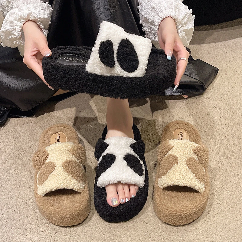 2024年熊猫款居家厚底舒适潮流毛毛拖女鞋网红热卖防滑韩版百搭