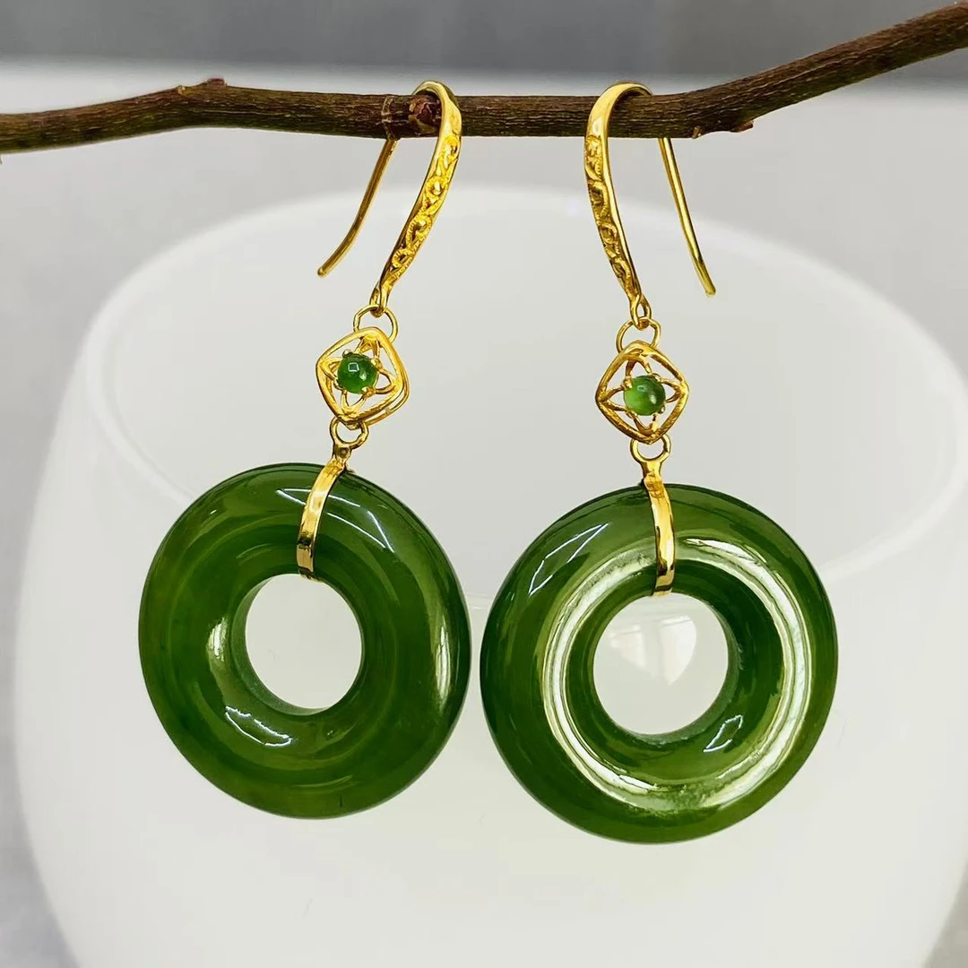 平安扣耳钩款女18K重金镶嵌天然新疆和田玉碧玉耳环老坑料菠菜绿
