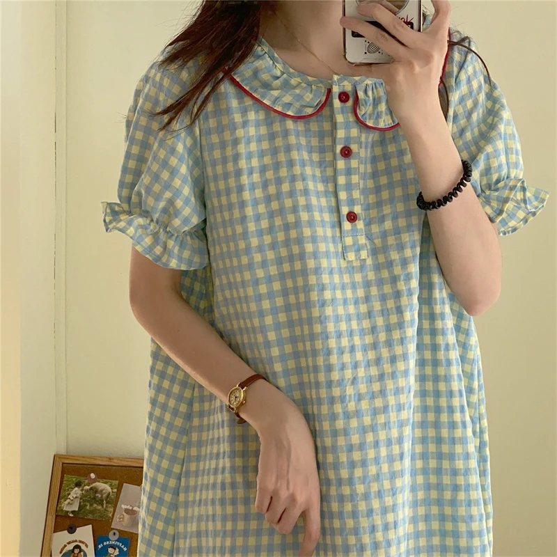 夏季新款ins网红短袖长裙睡衣女日系格子甜美长款睡裙少女家居服1