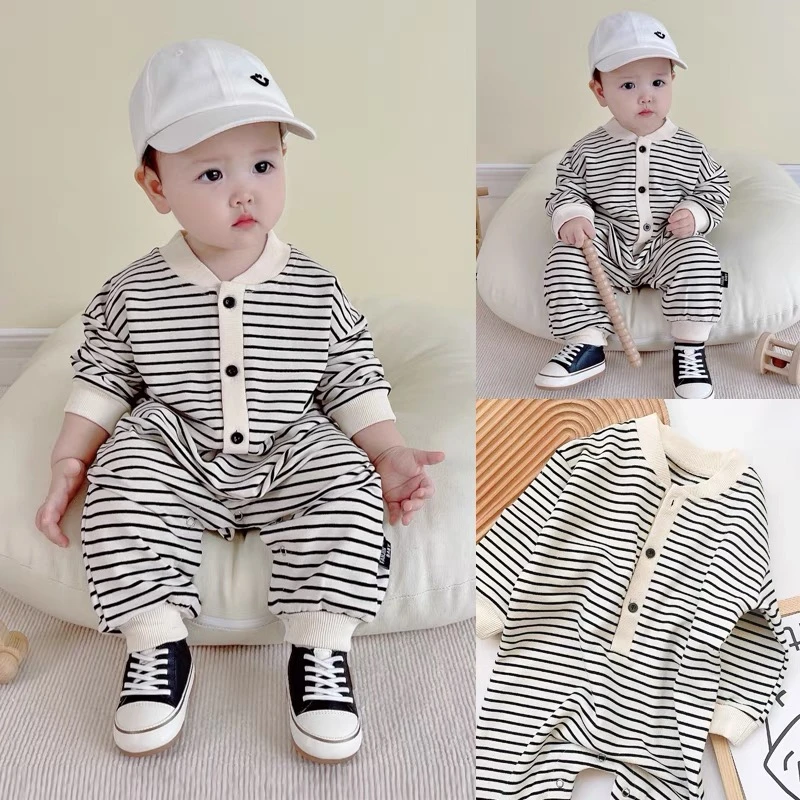 【精选】婴儿连体衣春秋宝宝长袖条纹哈衣宝宝秋款外出连体衣