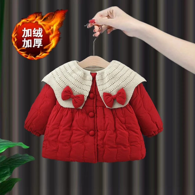 女宝宝冬装洋气棉服外套婴儿冬季外穿棉衣女童加厚棉袄蝴蝶结棉袄