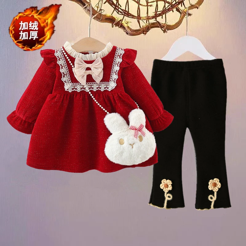 2024冬季周岁女宝礼服女童加绒连衣裙婴儿红色抓周套装加厚公主裙