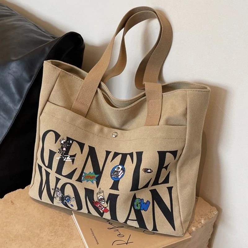 学生帆布包女大容量托特包2024新款百搭妈咪包手提单肩购物袋日常