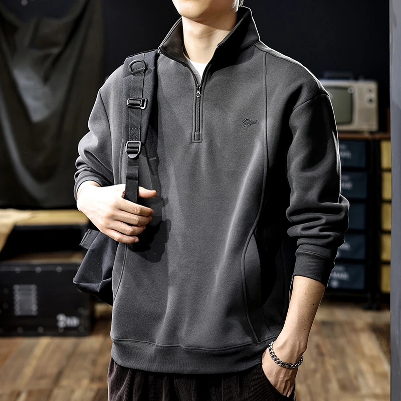 MR.MUDI/穆迪先生磨毛重磅美式半拉链立领卫衣男士秋季保罗polo衫