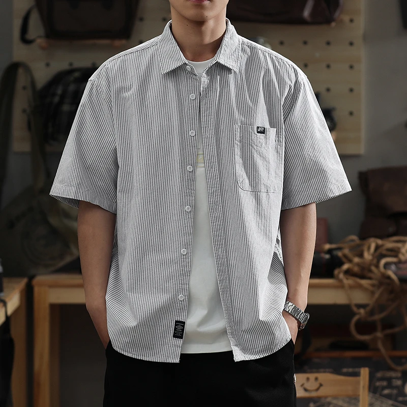 MR.MUDI/穆迪先生夏季薄款纯棉男条纹短袖衬衫宽松休闲半袖衬衣