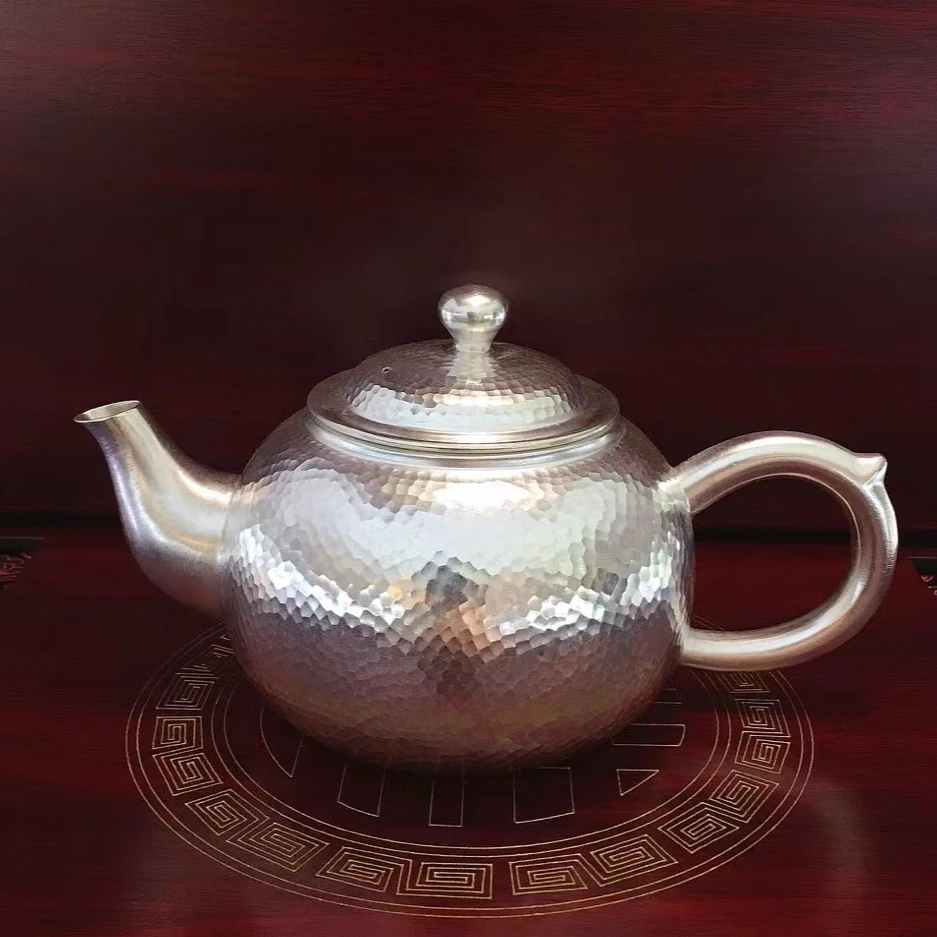 济银 足银银制品 足银999茶壶通体足银家用锤纹素款时尚古法錾刻