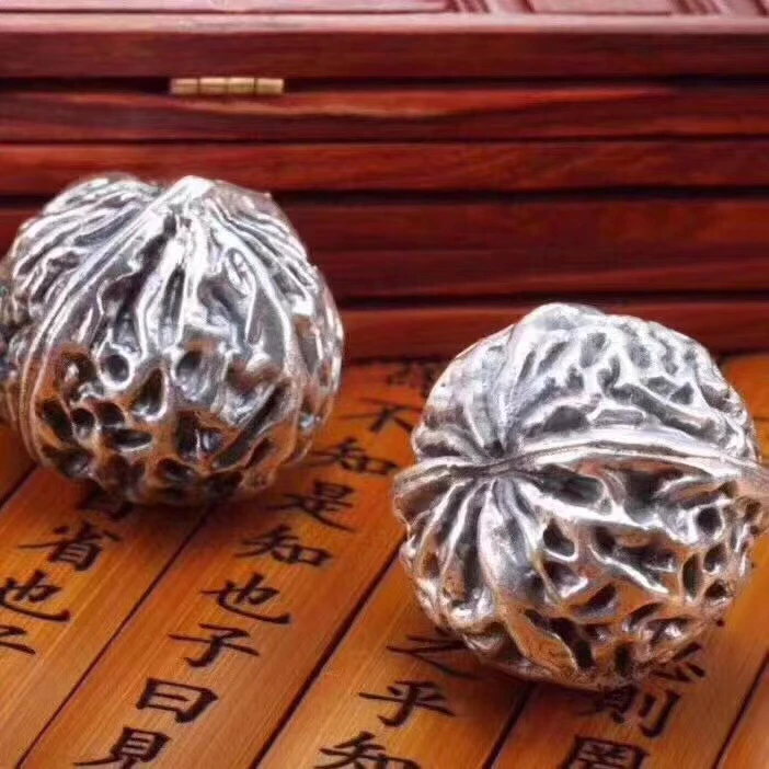 济银 足银银制品 足银999核桃手把件纯银送礼收藏把玩礼物复古