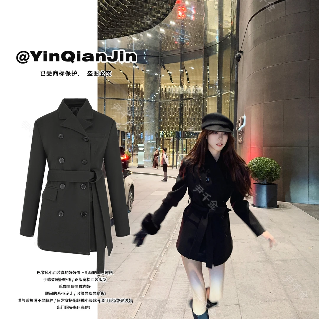 *尹千金*【巴黎美院】不顺从即自由时装即视双排扣黑色大衣W240623