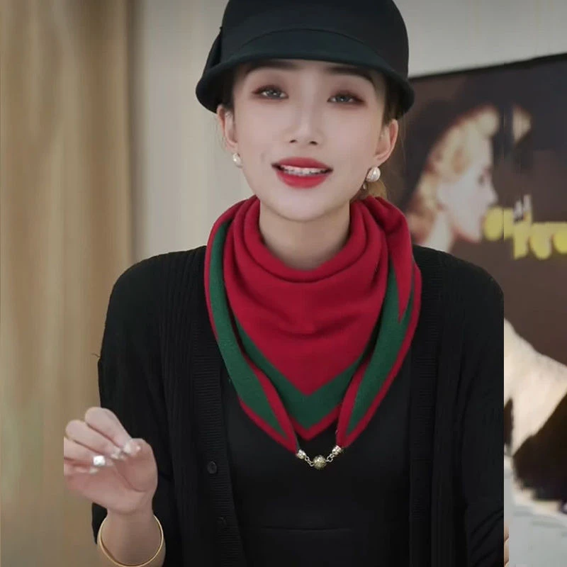 秋冬新款保暖升级磁扣百搭针织三角巾围巾女双面双色护颈围巾围脖
