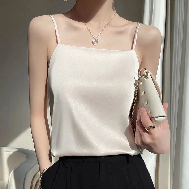 冰丝吊带背心女夏季宽松外穿西装内搭缎面白色无袖百搭打底上衣