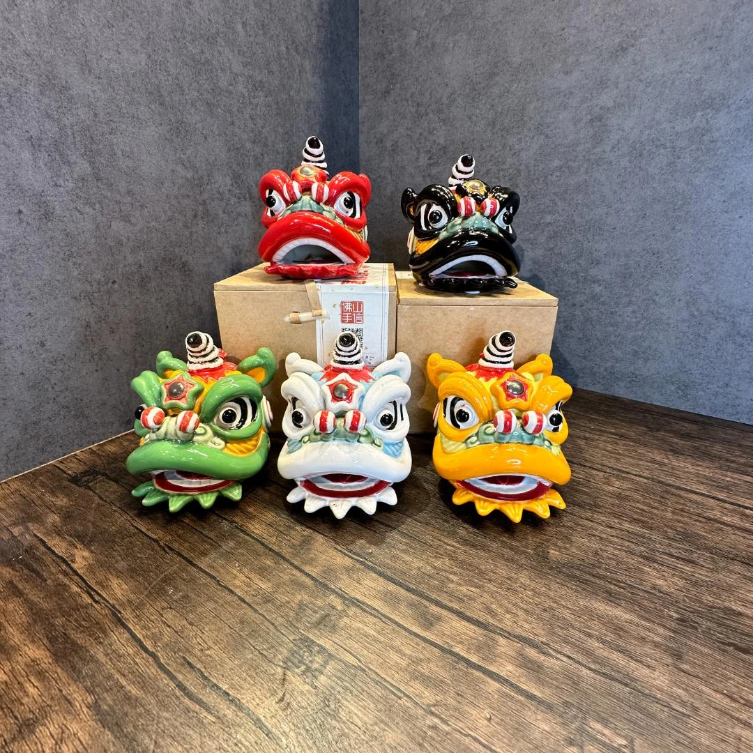 【岭南醒狮狮头】石湾陶瓷手工制作狮子陶瓷摆件礼品盒12*13*13