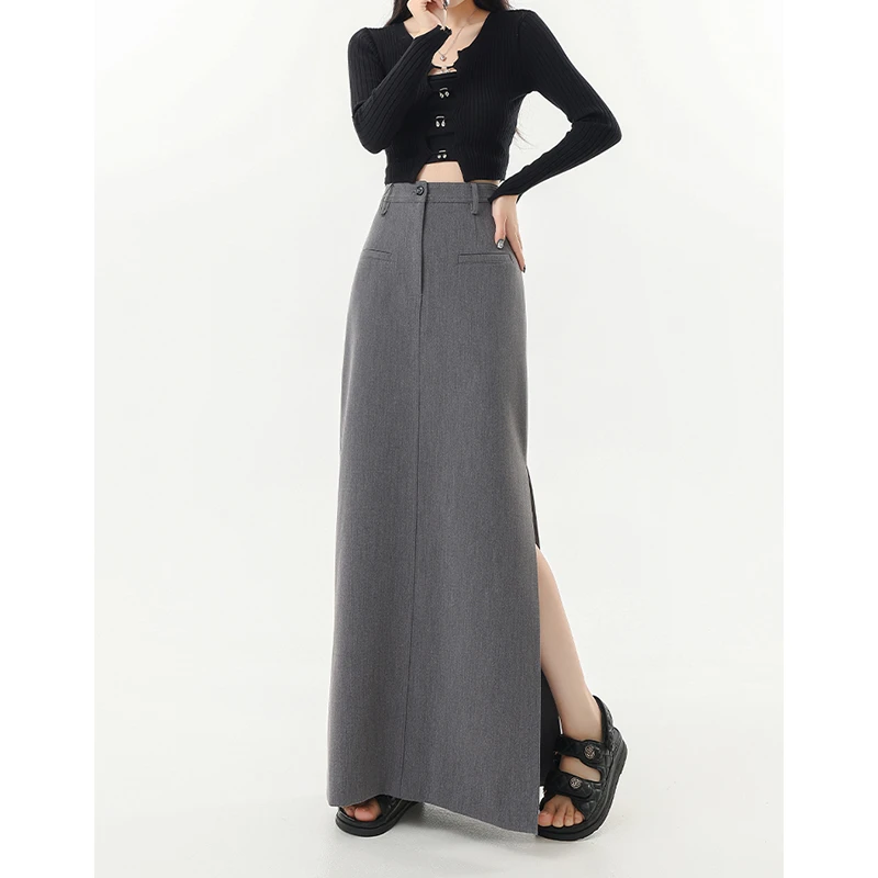 大码灰色侧开叉半身裙女胖妹妹高腰显瘦mm修身简约包臀中长a字裙