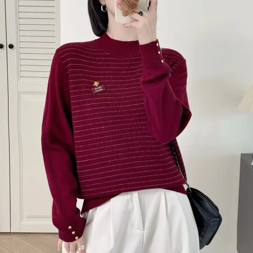 川禾织衣 秋冬金线提花刺绣100纯羊毛衫针织打底长袖毛衣显瘦内搭