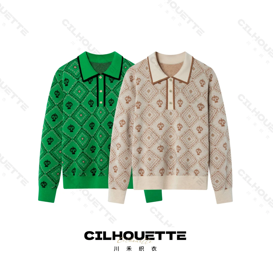 【清】川禾织衣 经典老花 秋冬进口纱重磅手工羊毛衫翻领长袖毛衣