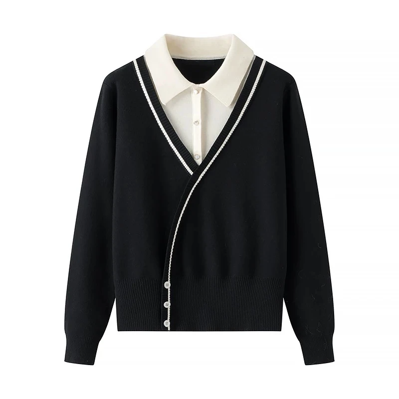 川禾织衣 秋冬设计感假两件羊毛衫翻领针织长袖毛衣打底加厚保暖