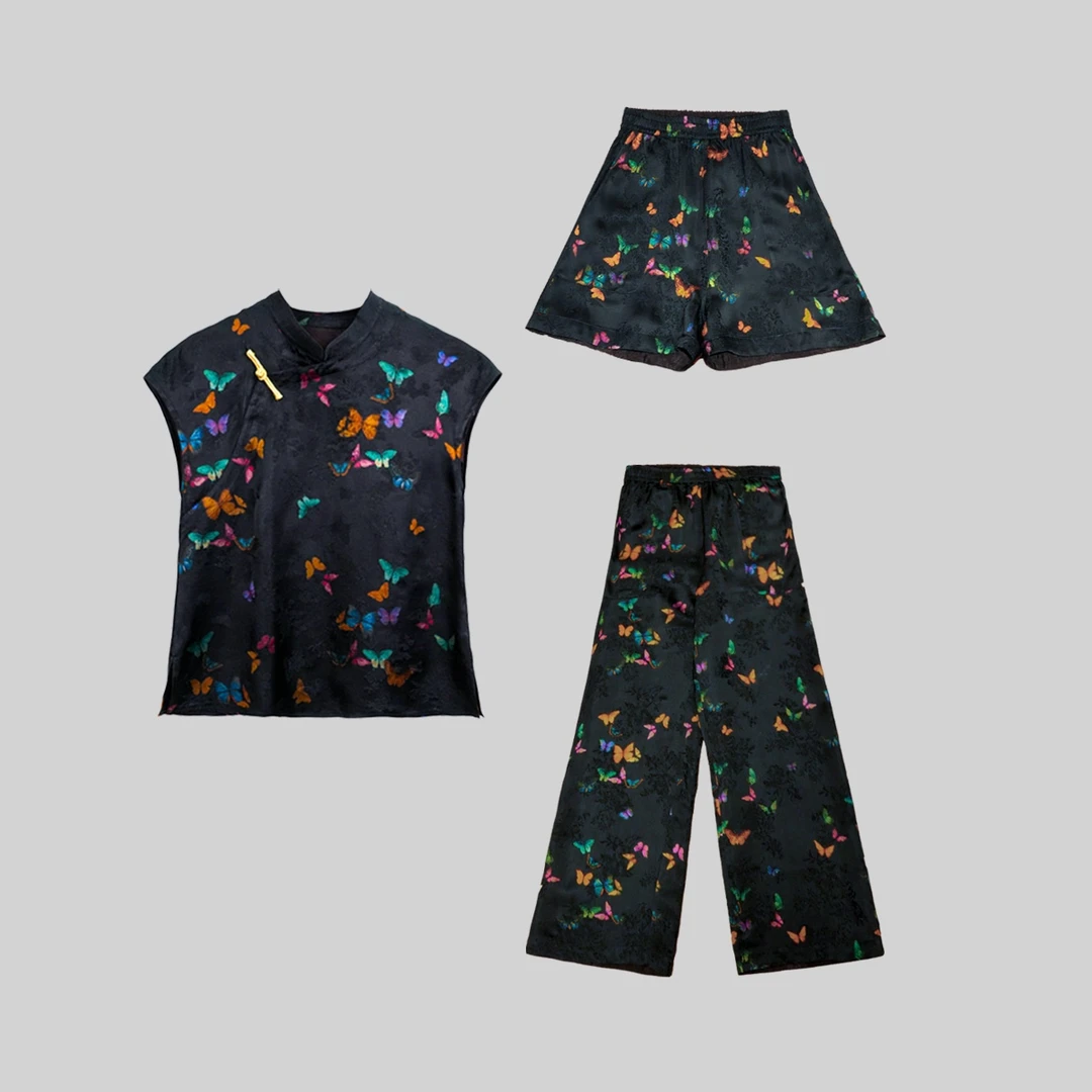 扶颜小美·彩蝶新中式蝴蝶花萝图案复古国风短袖上衣9950