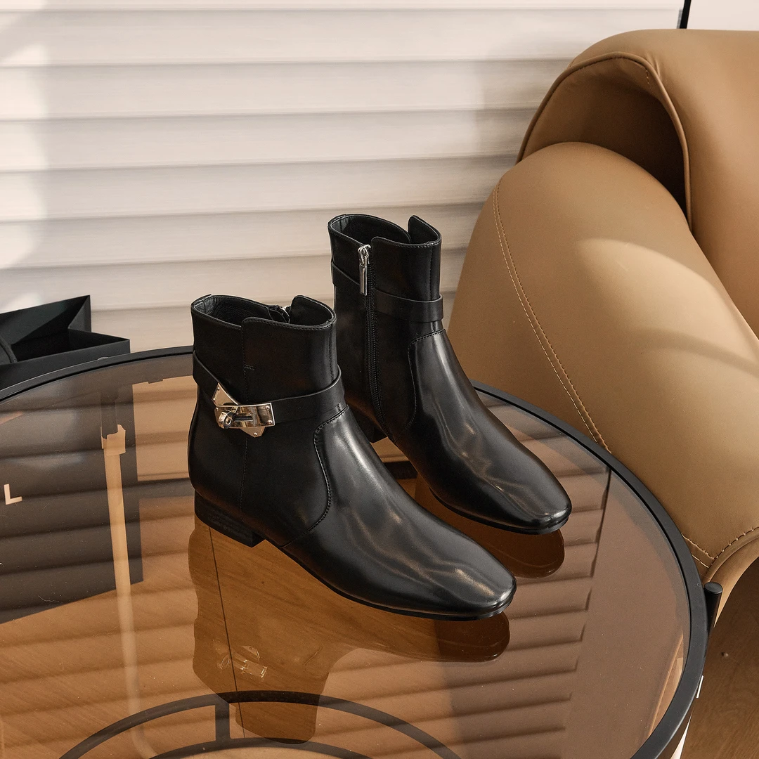 东东秋冬新款法式方头真皮粗跟欧洲站侧拉链经典瘦瘦靴裸靴X8093