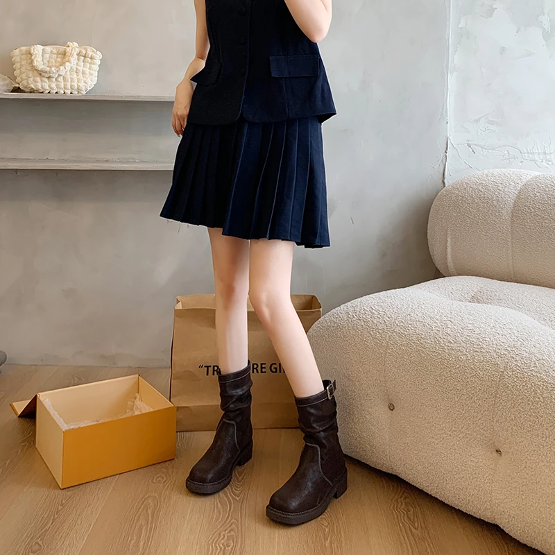 水洗马皮真皮厚底粗跟短靴子2023秋冬皮带扣瘦瘦靴机车马丁靴子女