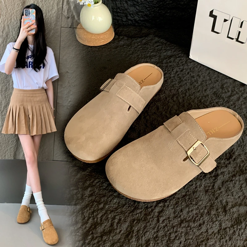 紫幻玲珑加宽大码女鞋法式休闲复古包头半拖鞋女外穿懒人博肯鞋女