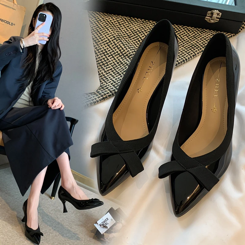 紫幻玲珑加宽大码2024新款春秋季小香风气质蝴蝶结细跟浅口高跟鞋