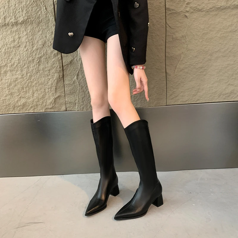 紫幻玲珑加宽大码2024冬季新款显瘦气质尖头粗跟加绒后拉链时装靴