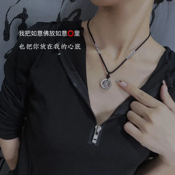 吊坠足银 如意圈+如意佛情侣双面佛头时尚复古手编足银吊坠轻奢