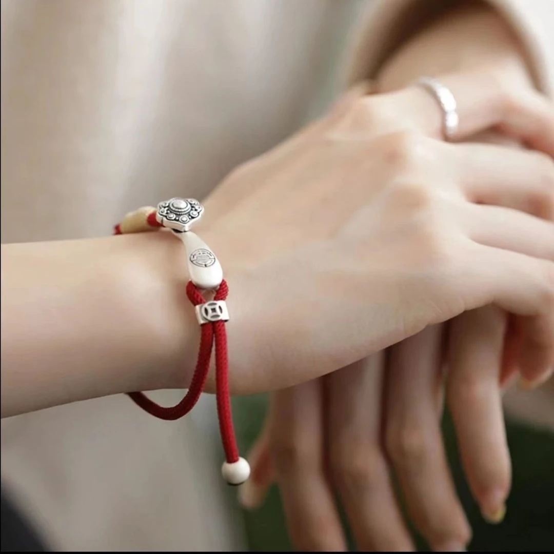 足银手链 如意红绳编织手工手链男女本命年红绳平安转运复古手绳