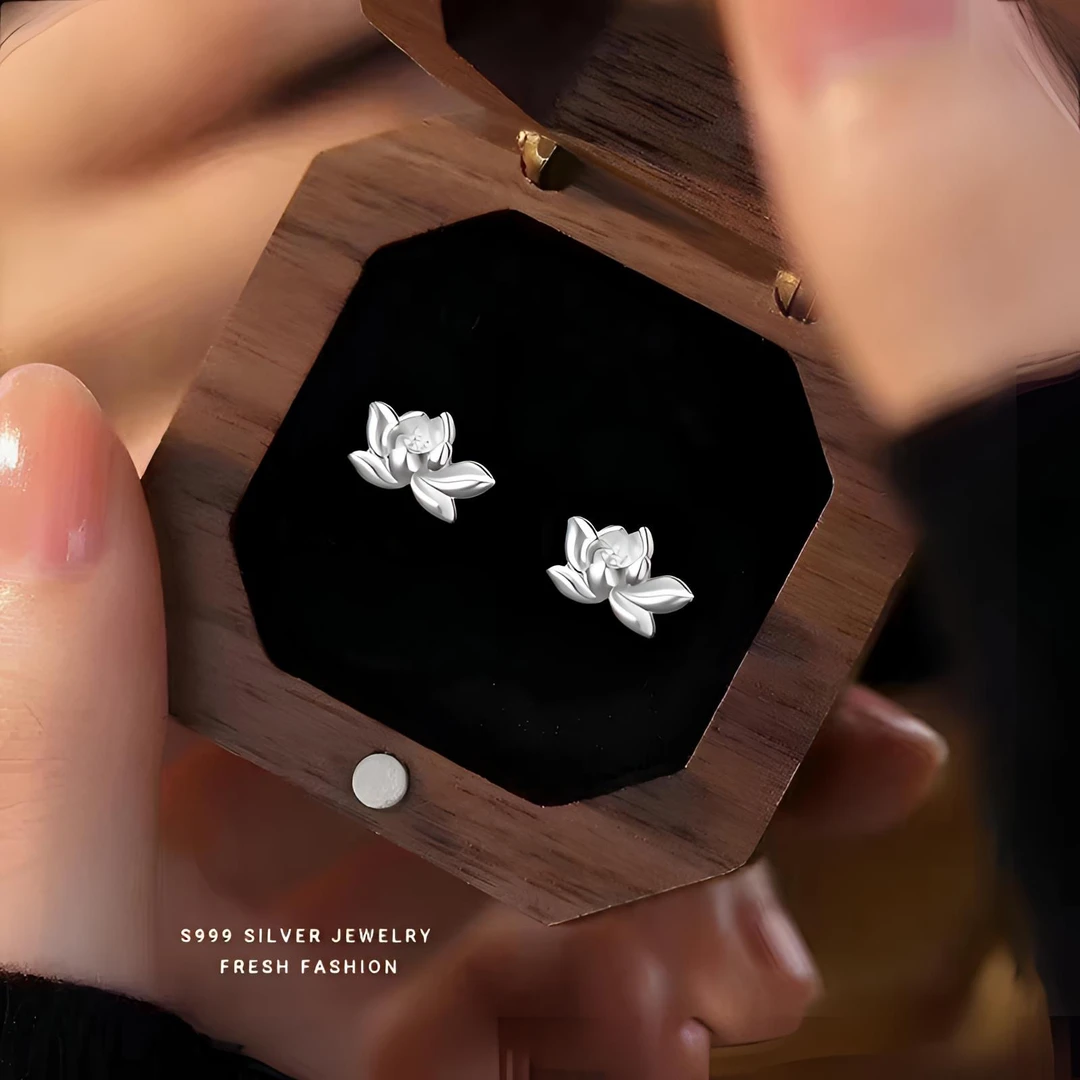 足银耳饰 新中式莲花耳钉足银纯银耳饰气质轻奢小众优雅复古