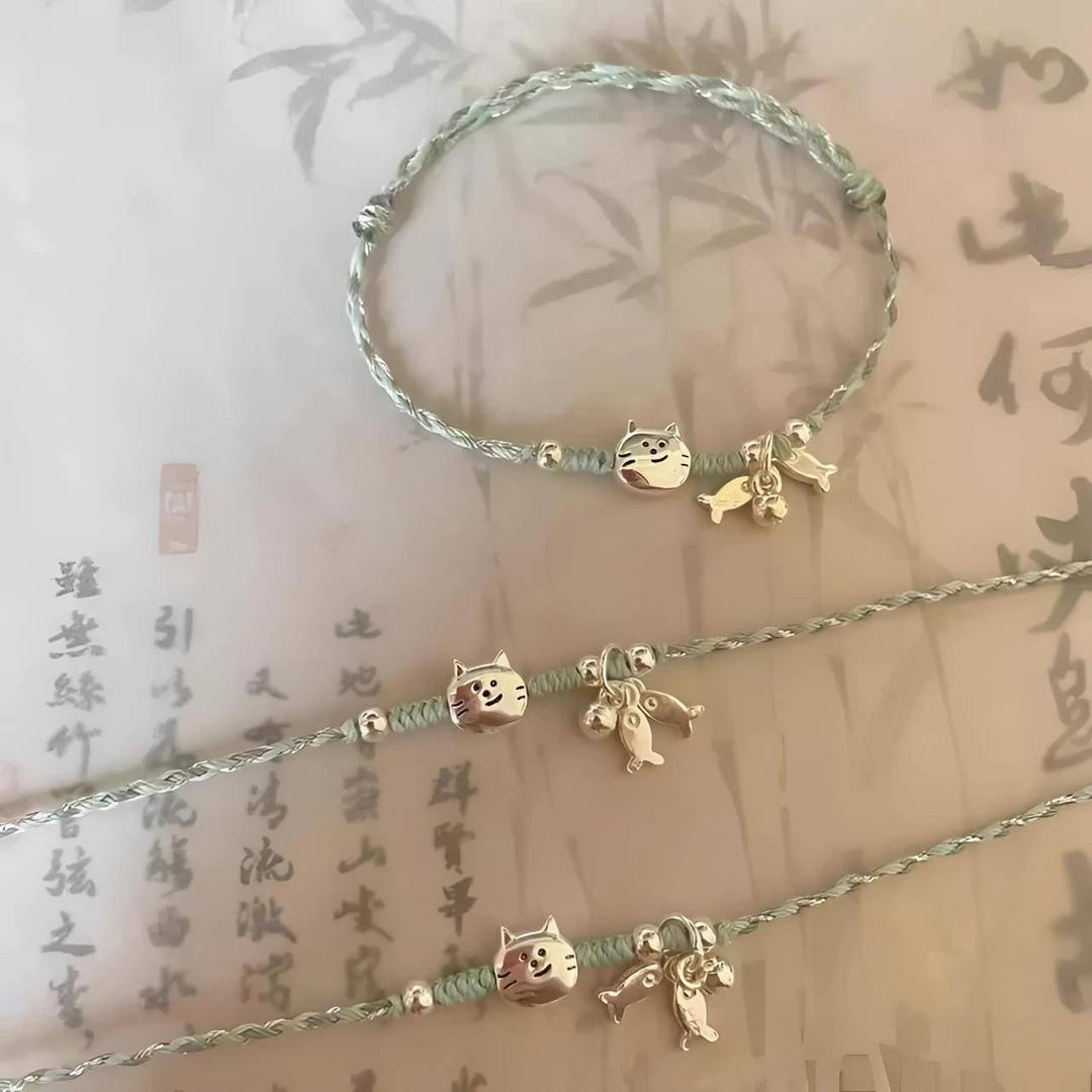 925银手链 可爱小猫钓鱼纯银手绳女新中式古风学生送闺蜜情侣礼物