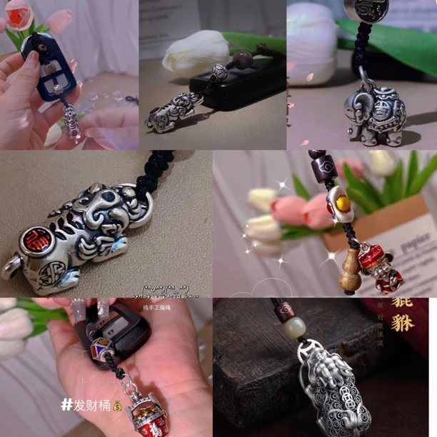 足银银制品 足银钥匙扣挂坠做旧时尚项坠手工编织钥匙挂坠复古