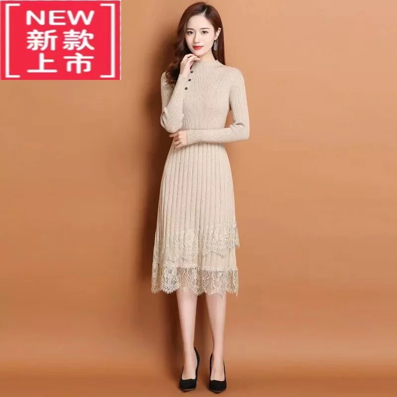 针织连衣裙女秋冬中长款配大风衣的蕾丝过膝打底毛衣裙气质女装