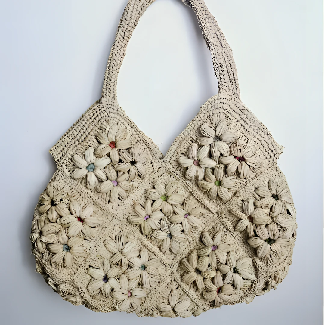 纯手工拉菲草春夏休闲清新泡芙花手提