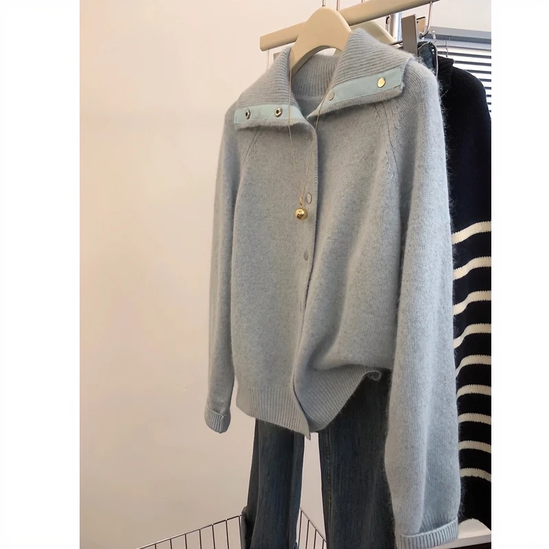 蓝色翻领毛衣外套女秋冬加厚慵懒软糯高领时尚百搭针织开衫上衣