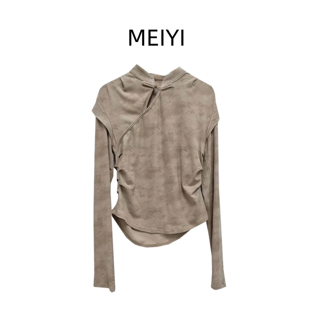 2024 新中式旗袍短款修身收腰长袖打底上衣女早秋盘扣内搭T恤