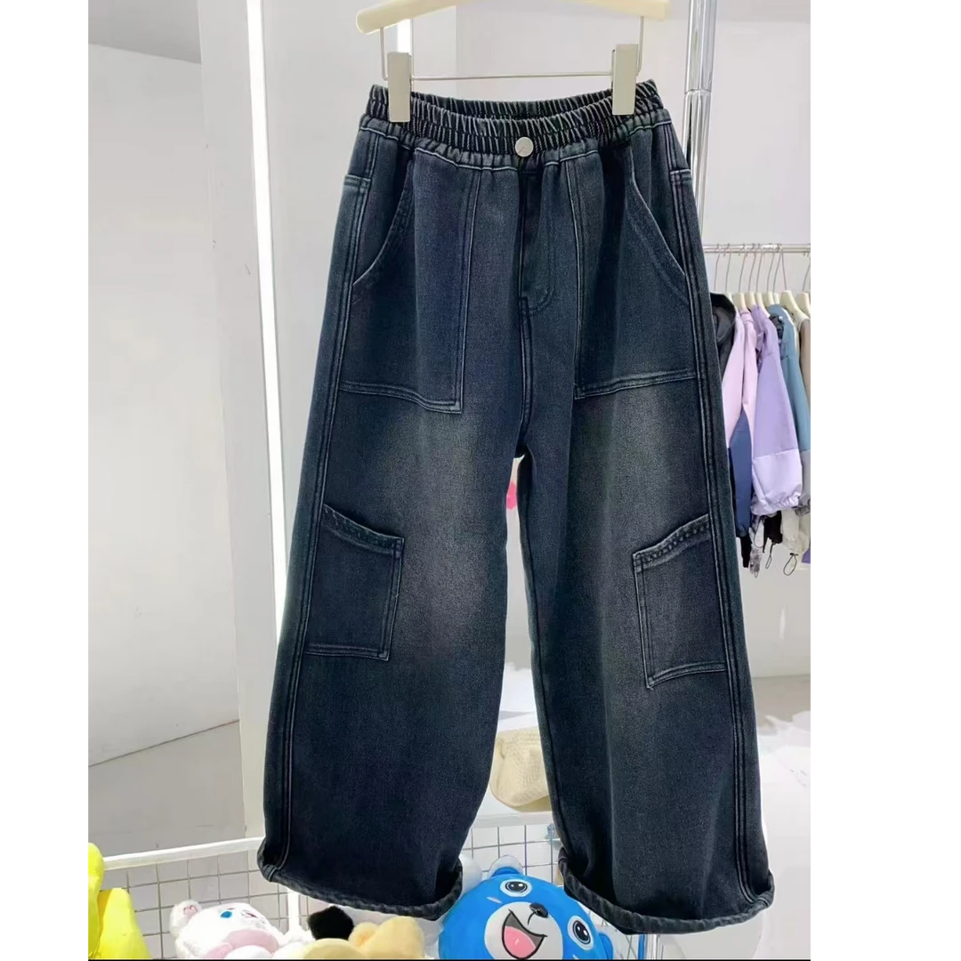2025超时尚爆款秋冬加绒儿童工装牛仔裤