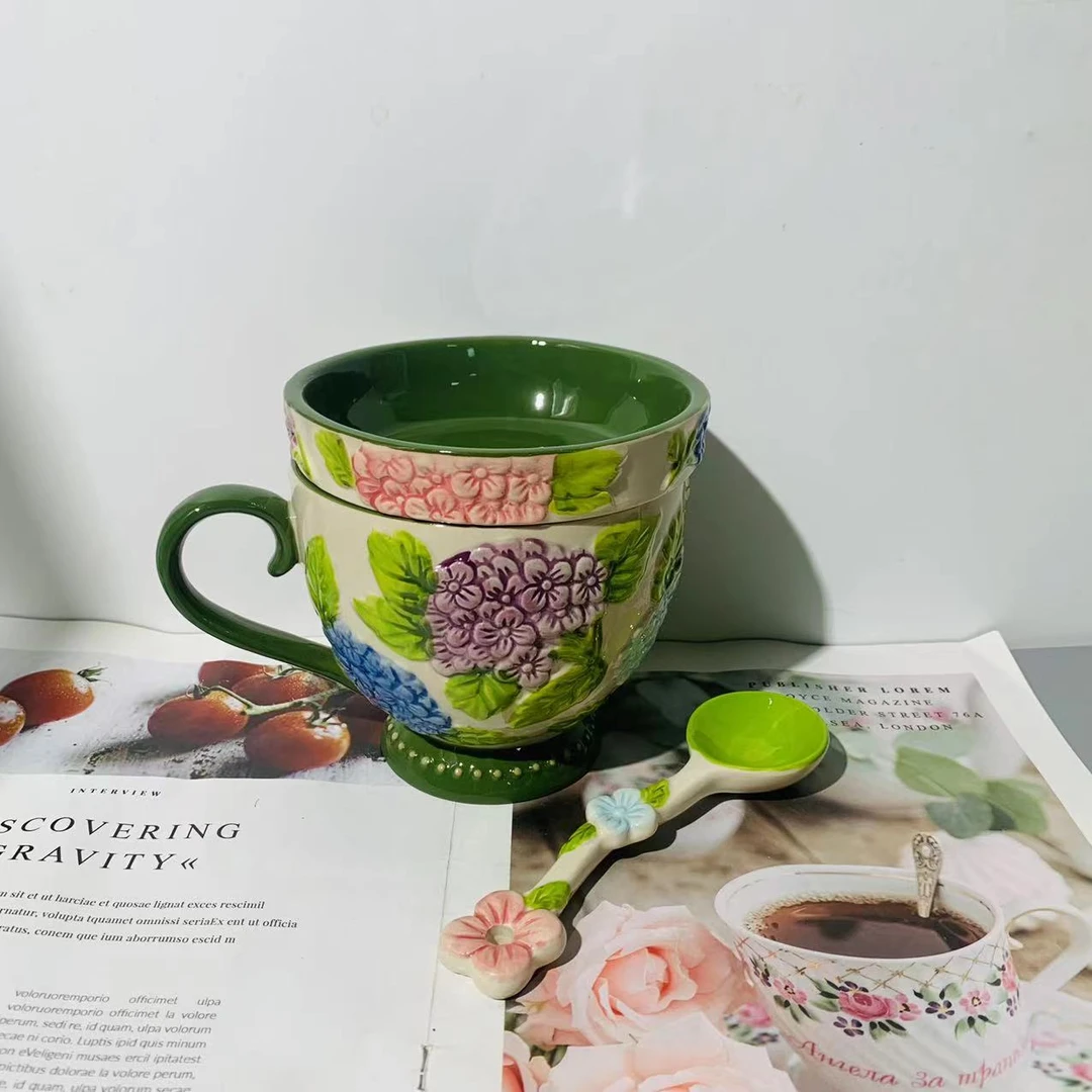 绣球花大肚杯带盖带勺