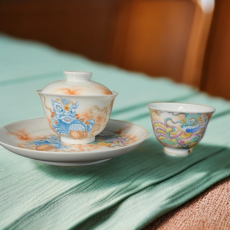 醒狮茶具盖碗壶承杯子景德镇釉上粉彩高端茶具手工茶杯高档