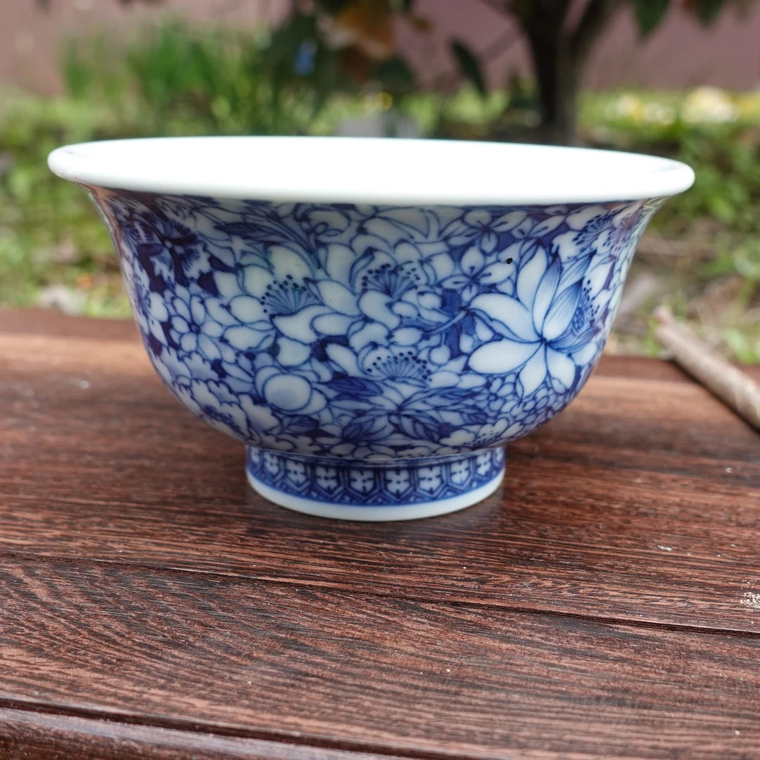 柴窑 青花万花压手杯 主人杯