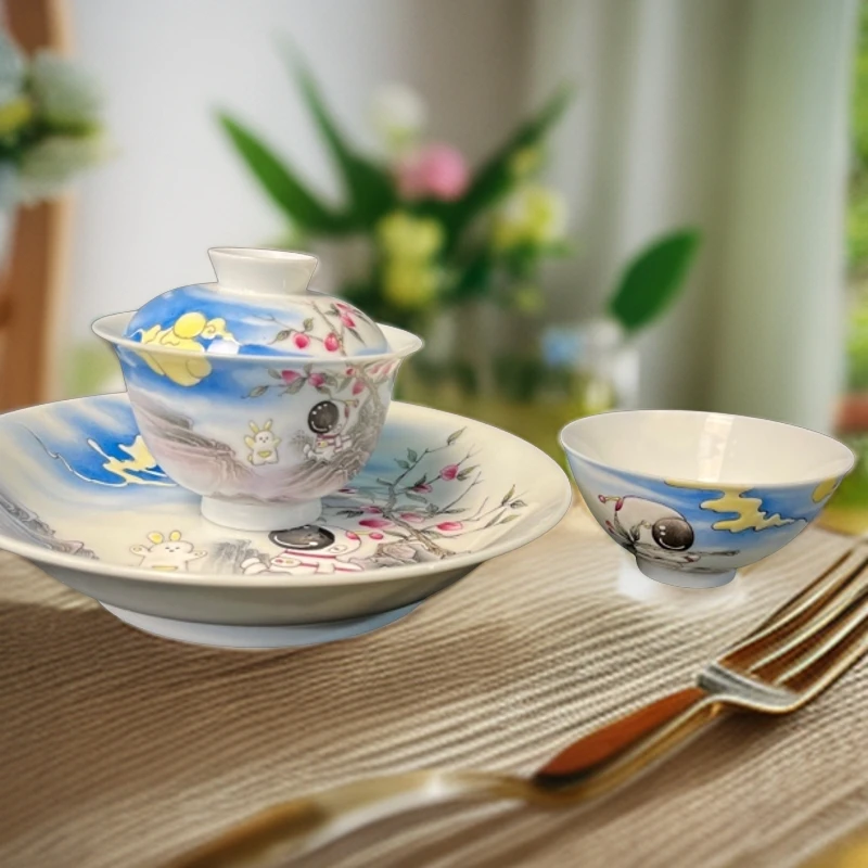 宇航员茶具盖碗杯子壶承景德镇手绘高端陶瓷茶具套装釉上粉彩手工