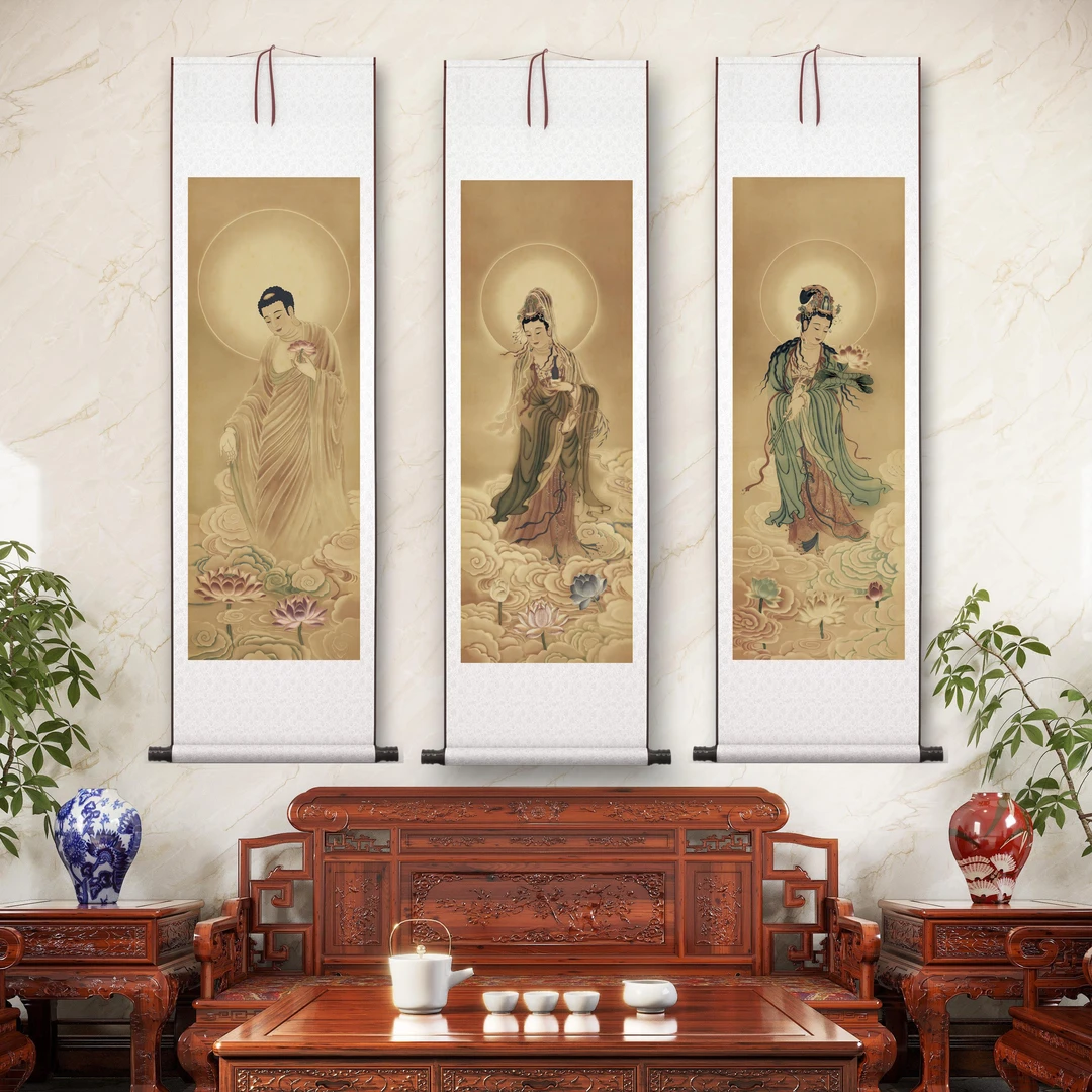 （微喷装饰画）《西方三圣》菩萨茶室客厅书房高清卷轴挂画