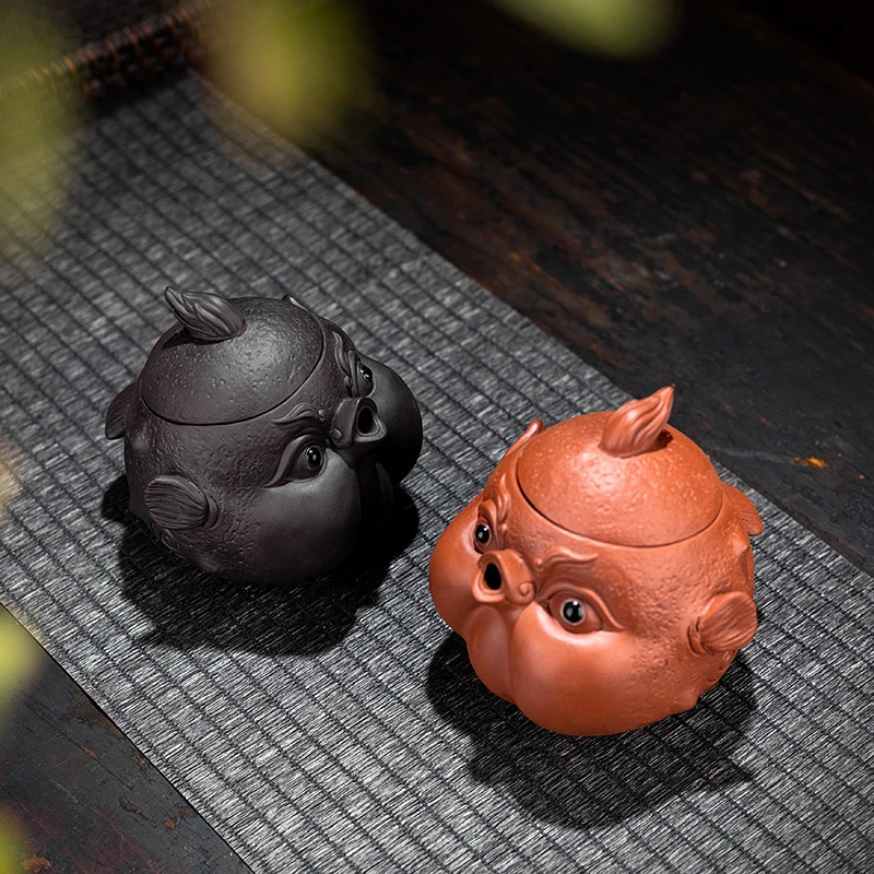 紫砂壶纯手工泡茶壶单人中式功夫茶具家用创意河豚手抓壶金蟾壶承
