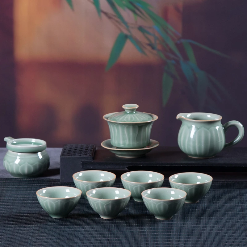 龙泉青瓷功夫茶具套装  盖碗茶杯茶壶家用陶瓷办公室轻奢高档礼盒