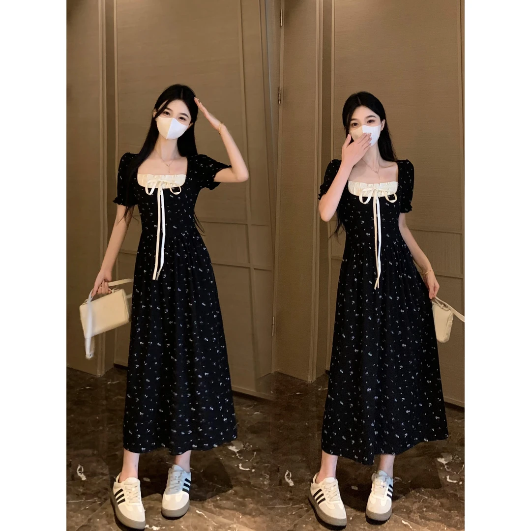 胖mm大码女装夏季韩版碎花方领系带拼接设计感显瘦气质短袖连衣裙