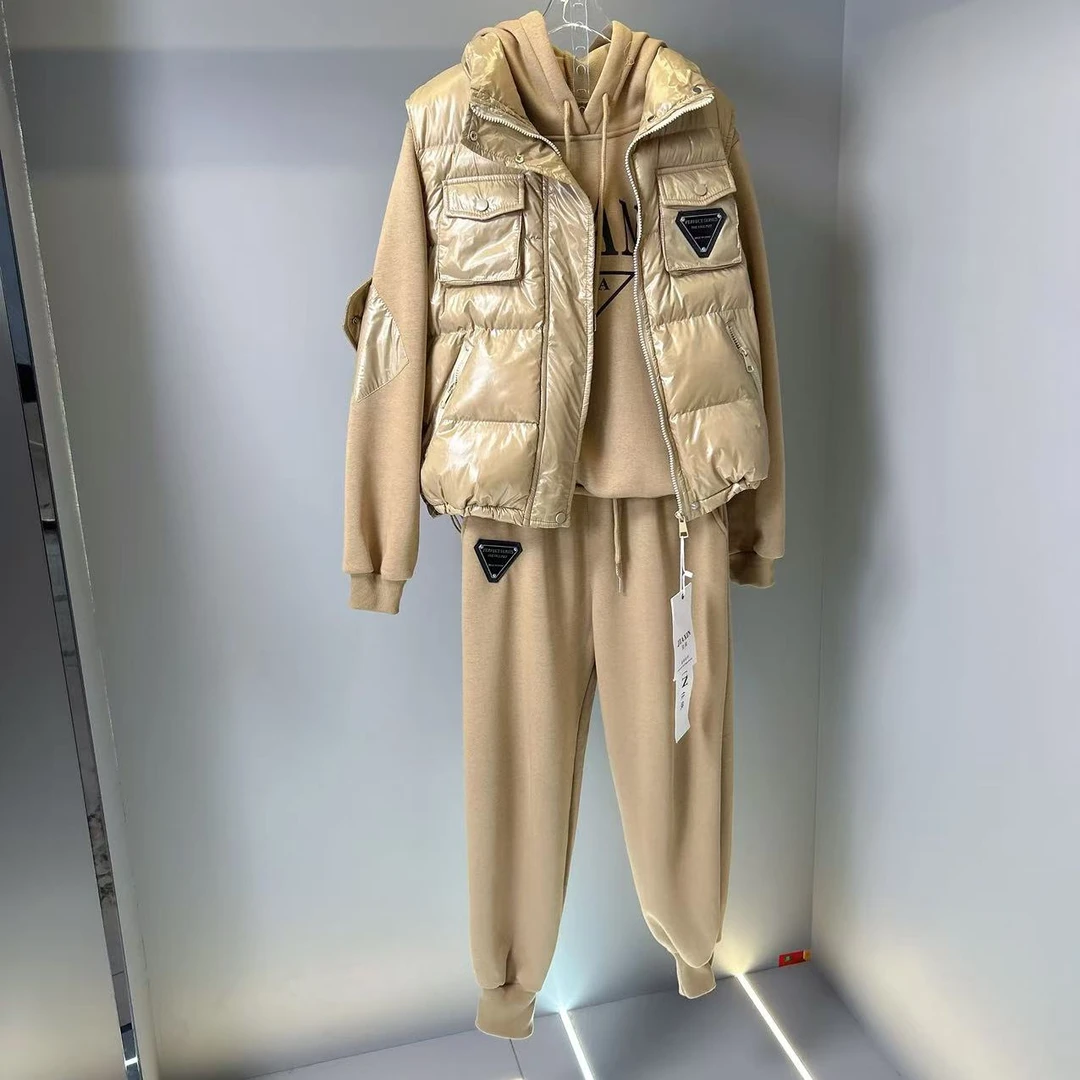 无品牌秋冬加绒棉服时尚三件套休闲连帽宽松潮流加厚保暖